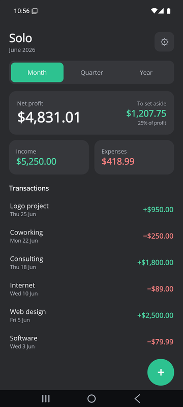 Solo — dashboard with net profit and tax set-aside